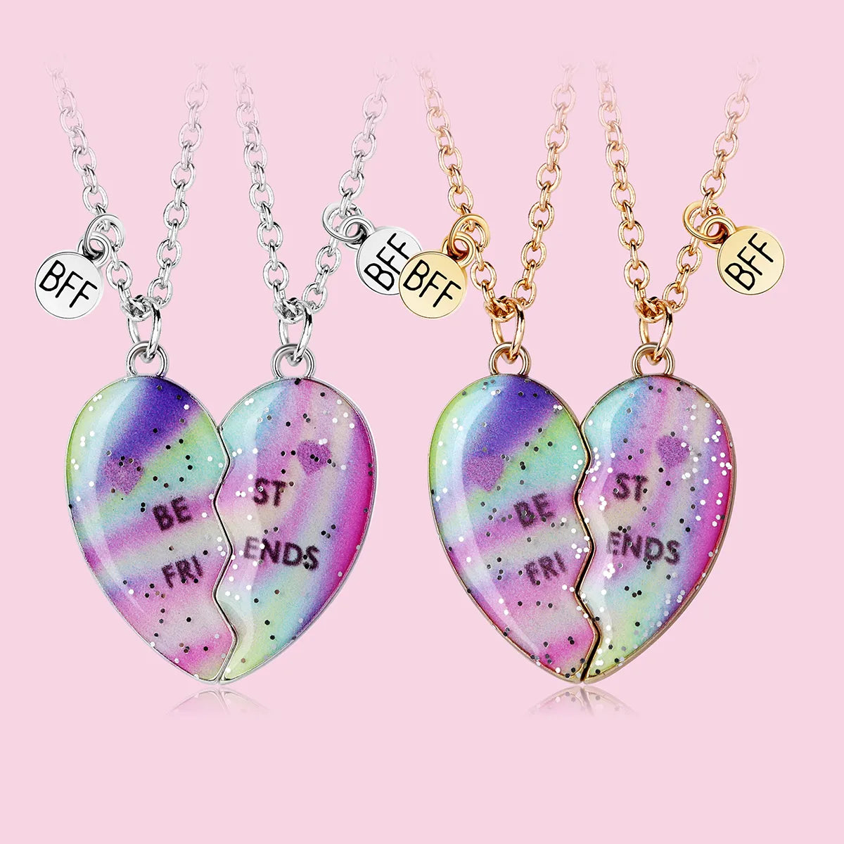 CHILDREN - Set of 2 Chains Friendship Necklaces Cat Unicorn & Heart - BFF Best Friends Forever - Fantasy - Rainbow Resin Pendant