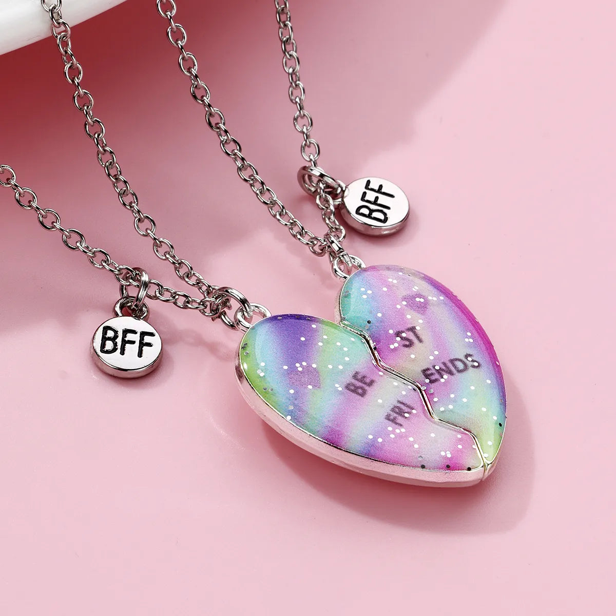 CHILDREN - Set of 2 Chains Friendship Necklaces Cat Unicorn & Heart - BFF Best Friends Forever - Fantasy - Rainbow Resin Pendant
