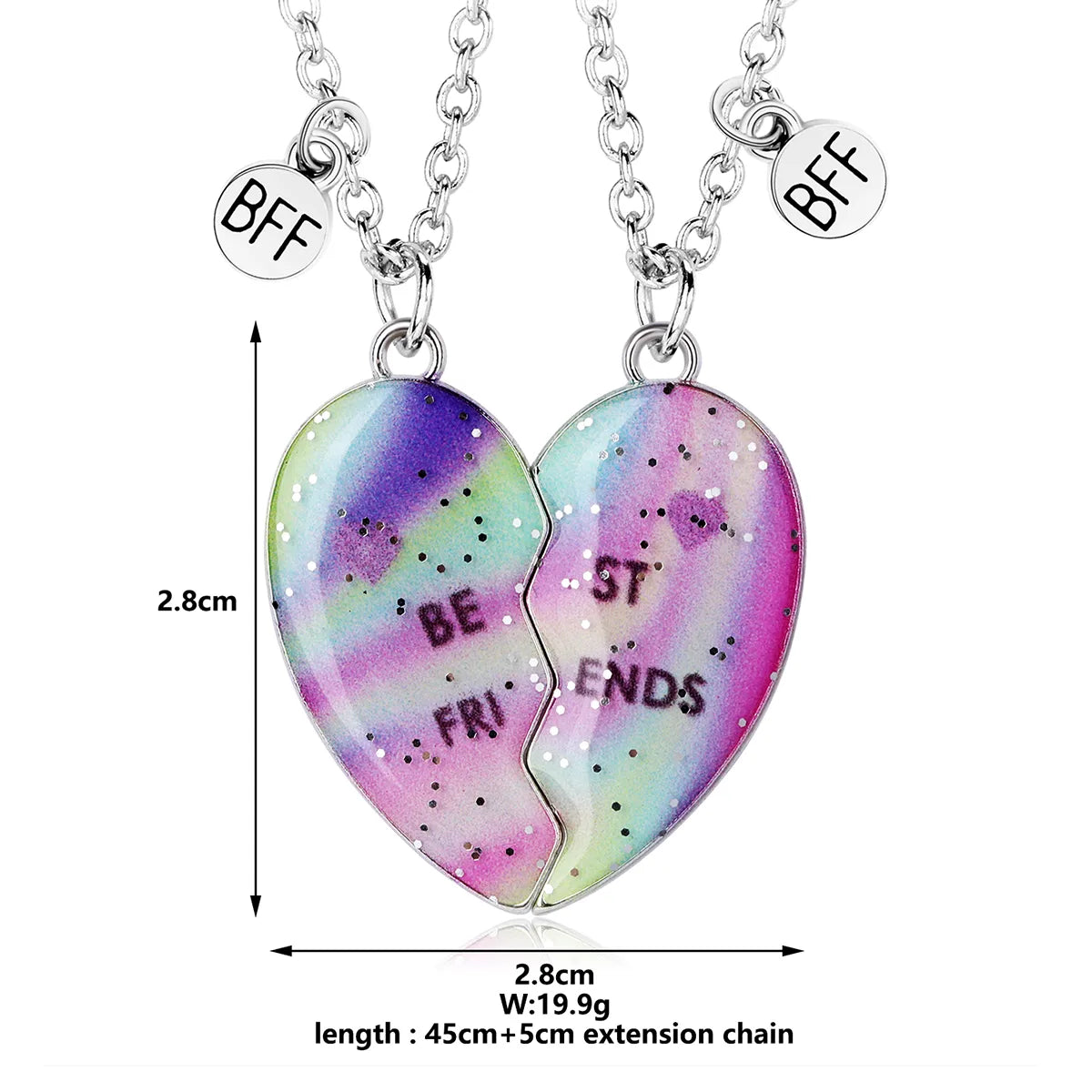 CHILDREN - Set of 2 Chains Friendship Necklaces Cat Unicorn & Heart - BFF Best Friends Forever - Fantasy - Rainbow Resin Pendant