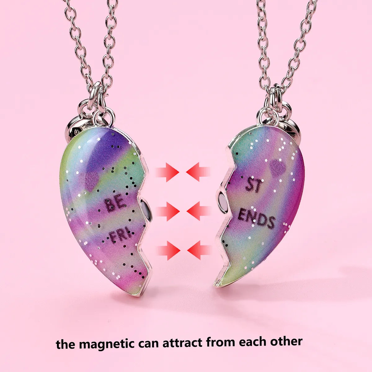 CHILDREN - Set of 2 Chains Friendship Necklaces Cat Unicorn & Heart - BFF Best Friends Forever - Fantasy - Rainbow Resin Pendant