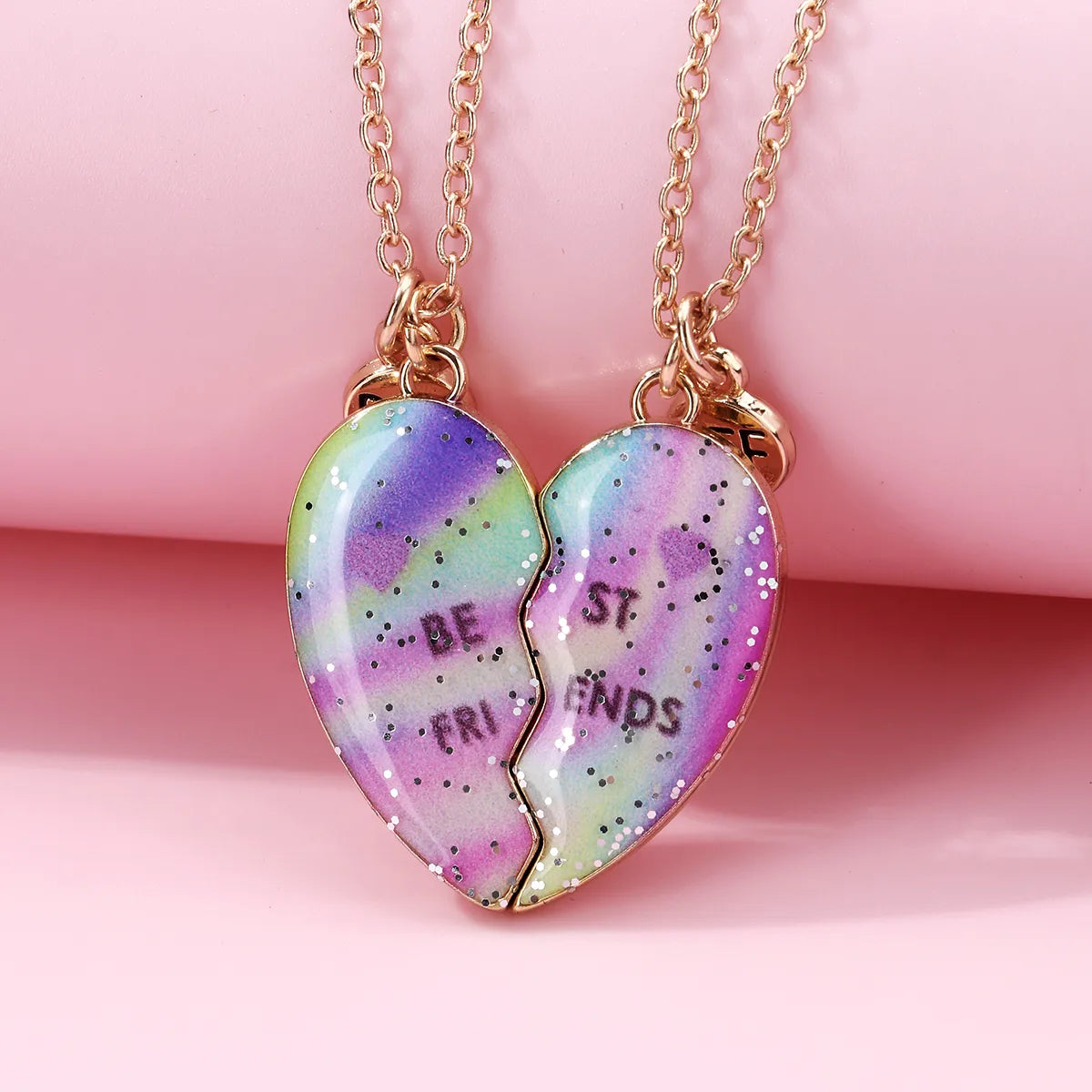CHILDREN - Set of 2 Chains Friendship Necklaces Cat Unicorn & Heart - BFF Best Friends Forever - Fantasy - Rainbow Resin Pendant