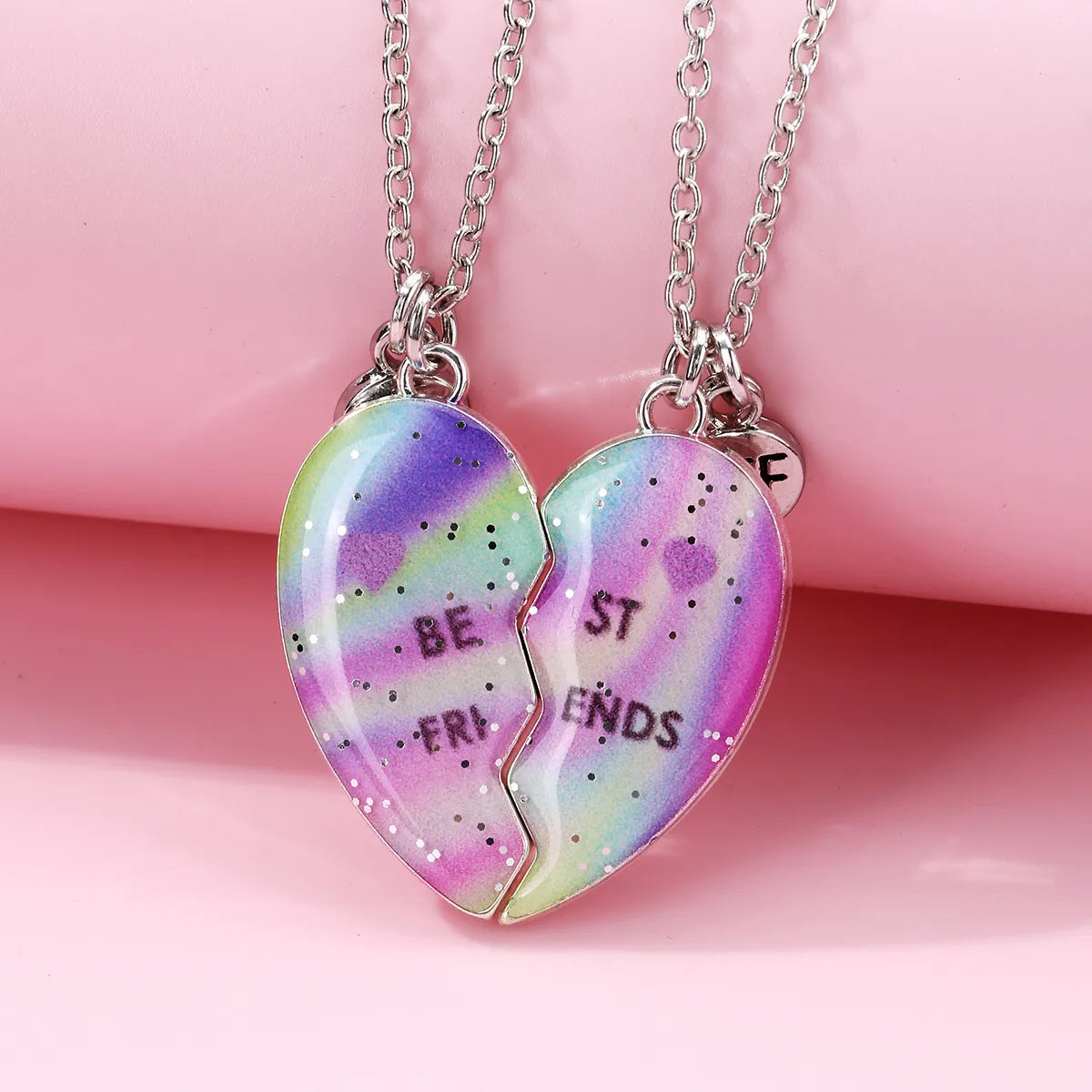CHILDREN - Set of 2 Chains Friendship Necklaces Cat Unicorn & Heart - BFF Best Friends Forever - Fantasy - Rainbow Resin Pendant
