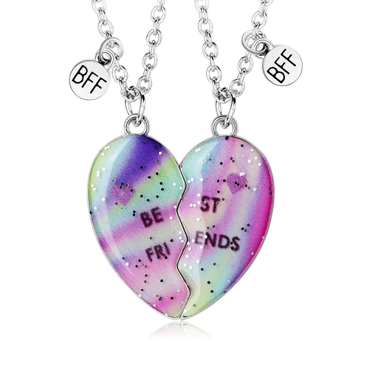 CHILDREN - Set of 2 Chains Friendship Necklaces Cat Unicorn & Heart - BFF Best Friends Forever - Fantasy - Rainbow Resin Pendant