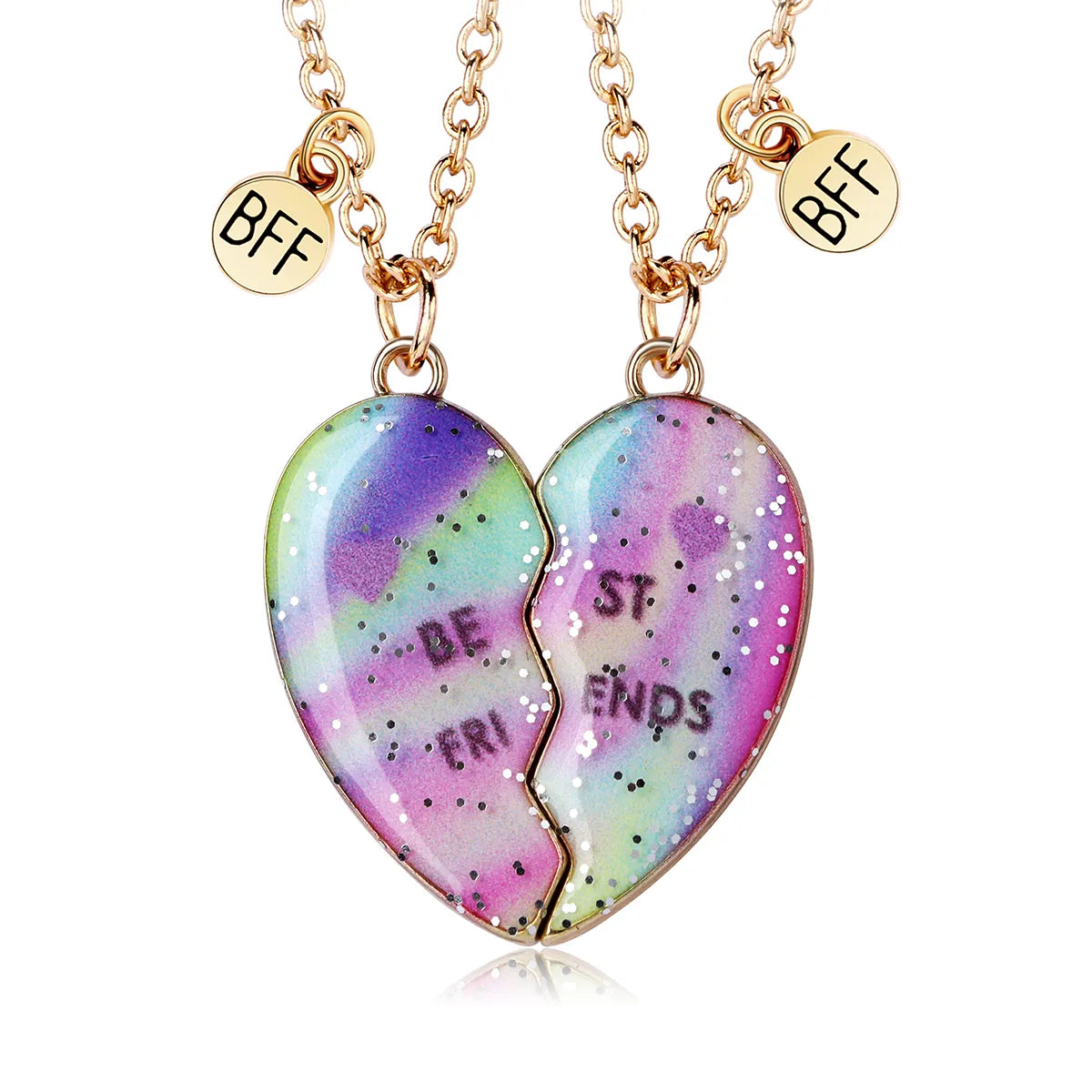 CHILDREN - Set of 2 Chains Friendship Necklaces Cat Unicorn & Heart - BFF Best Friends Forever - Fantasy - Rainbow Resin Pendant