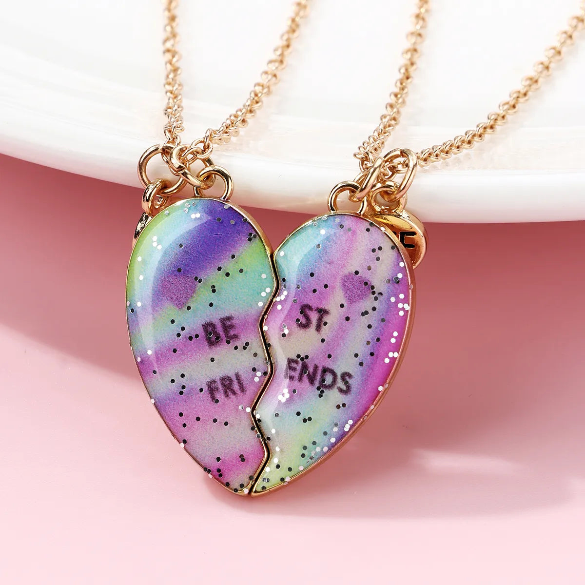 CHILDREN - Set of 2 Chains Friendship Necklaces Cat Unicorn & Heart - BFF Best Friends Forever - Fantasy - Rainbow Resin Pendant
