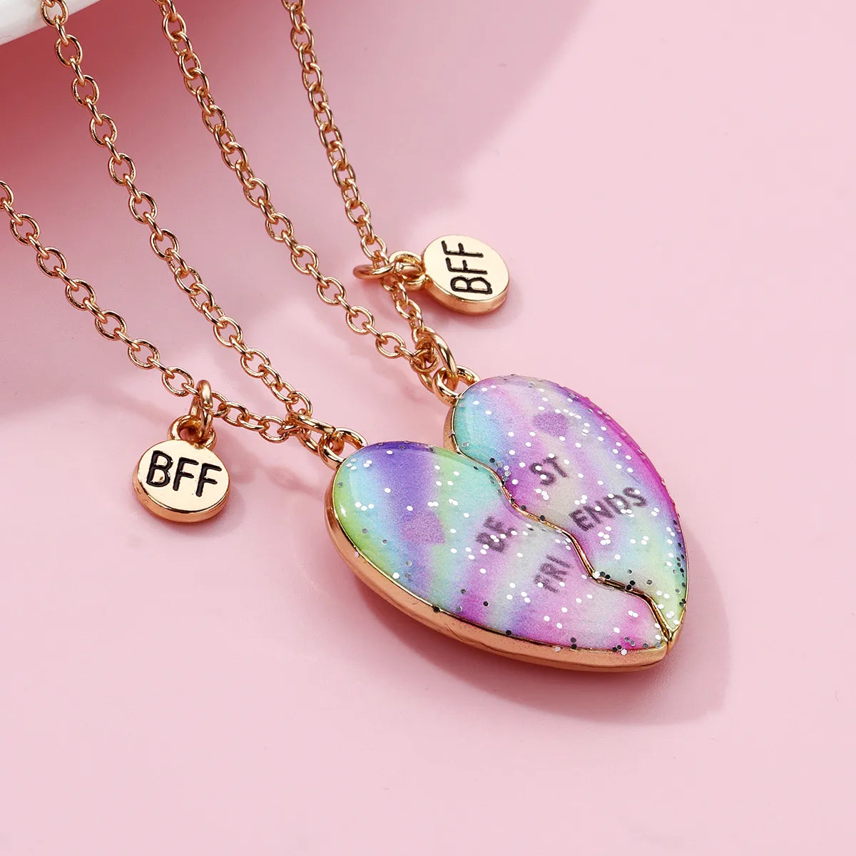 CHILDREN - Set of 2 Chains Friendship Necklaces Cat Unicorn & Heart - BFF Best Friends Forever - Fantasy - Rainbow Resin Pendant