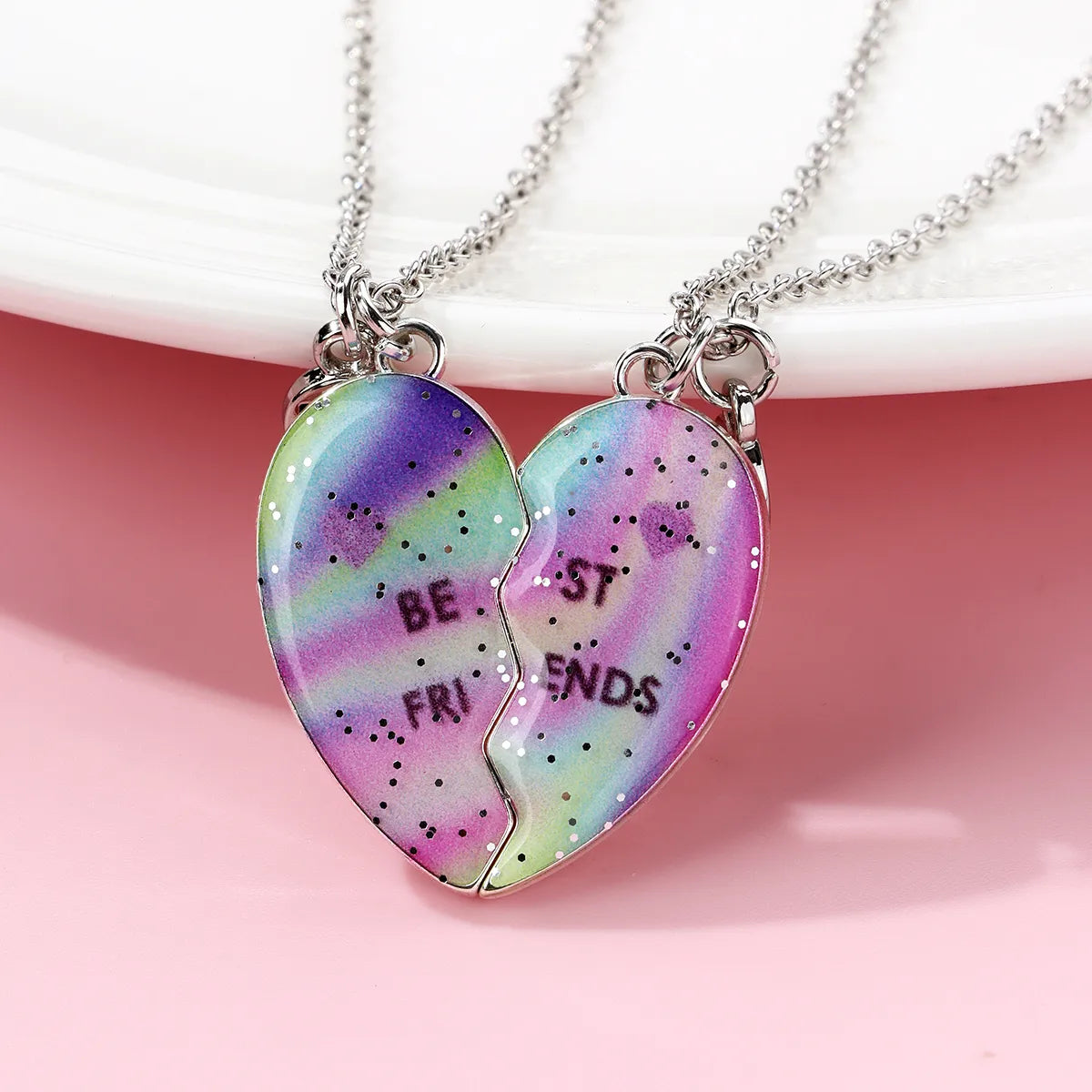 CHILDREN - Set of 2 Chains Friendship Necklaces Cat Unicorn & Heart - BFF Best Friends Forever - Fantasy - Rainbow Resin Pendant