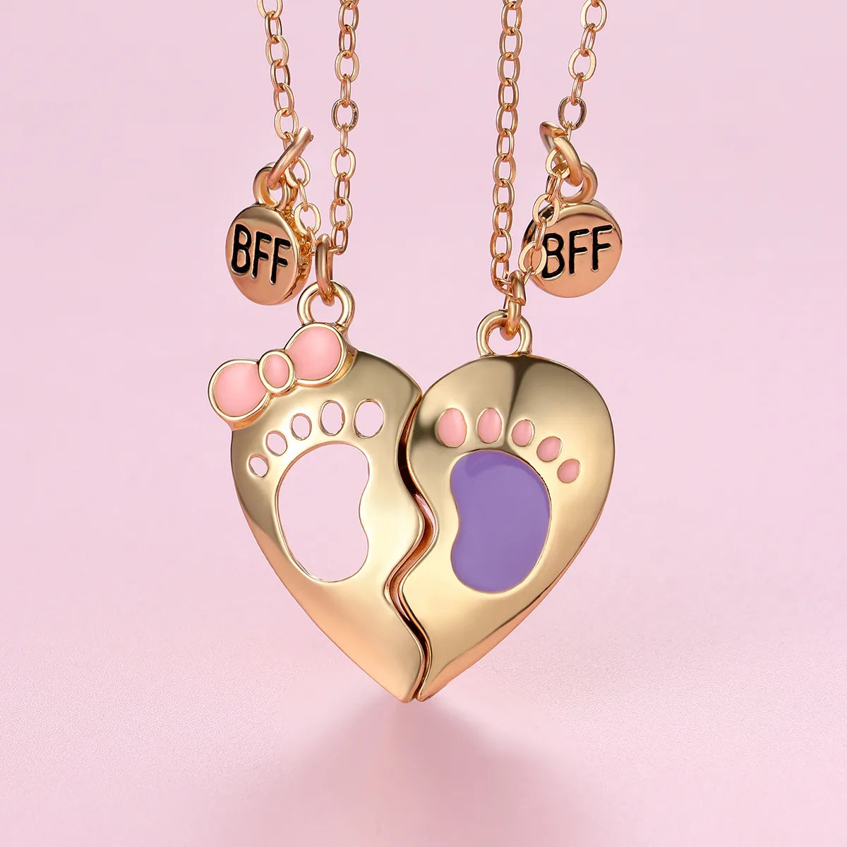 CHILDREN - Set of 2 Chains Friendship Necklaces Cat Unicorn & Heart - BFF Best Friends Forever - Fantasy - Rainbow Resin Pendant