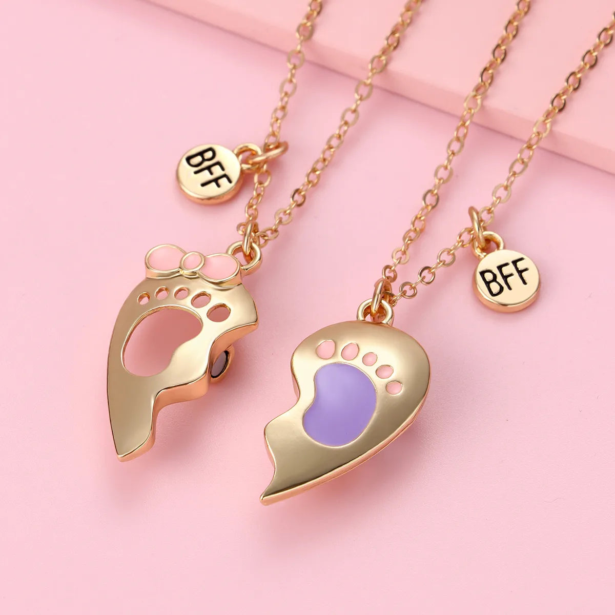 CHILDREN - Set of 2 Chains Friendship Necklaces Cat Unicorn & Heart - BFF Best Friends Forever - Fantasy - Rainbow Resin Pendant