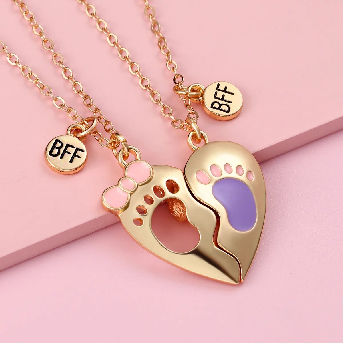 CHILDREN - Set of 2 Chains Friendship Necklaces Cat Unicorn & Heart - BFF Best Friends Forever - Fantasy - Rainbow Resin Pendant