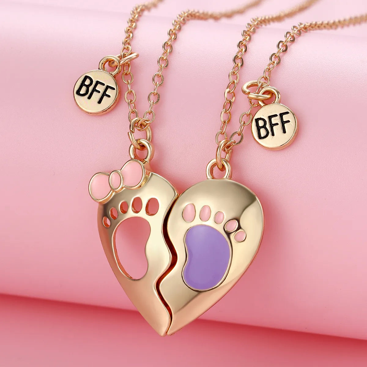 CHILDREN - Set of 2 Chains Friendship Necklaces Cat Unicorn & Heart - BFF Best Friends Forever - Fantasy - Rainbow Resin Pendant
