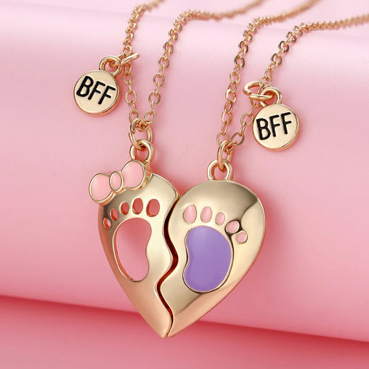 Lot de 2 Colliers D'amitié - Coeur Aimanté - BFF - Best Friends Forever - Empreinte Pied - Fantaisie - A partager