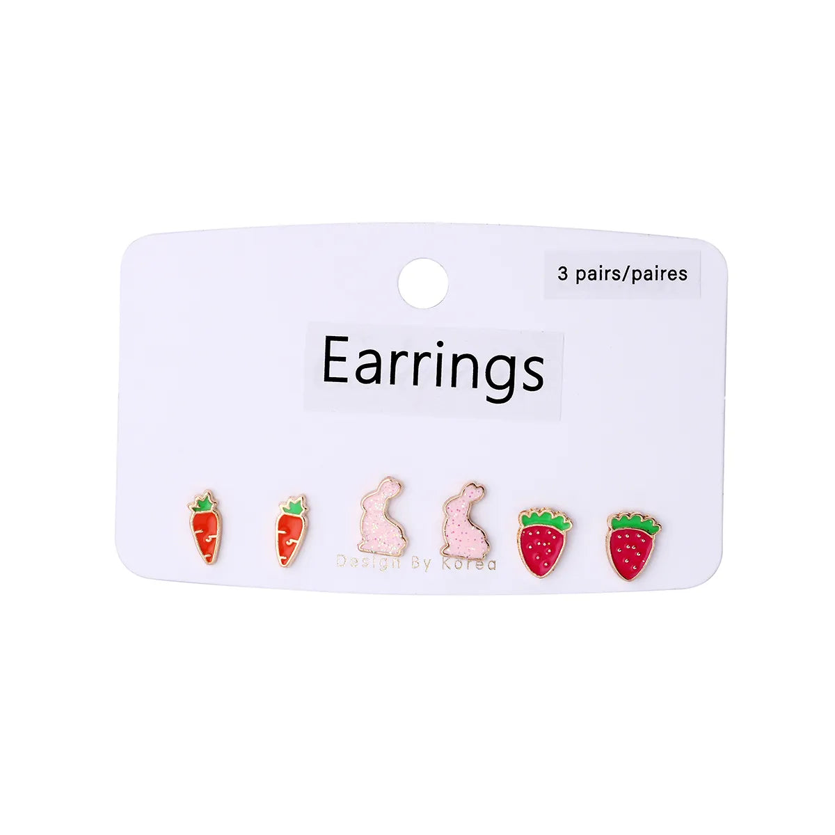 Ensemble de 3 Paires de Boucles Oreilles - Carottes Lapins Fraises - Cuivre Zircon Plaqué Or - Mignon