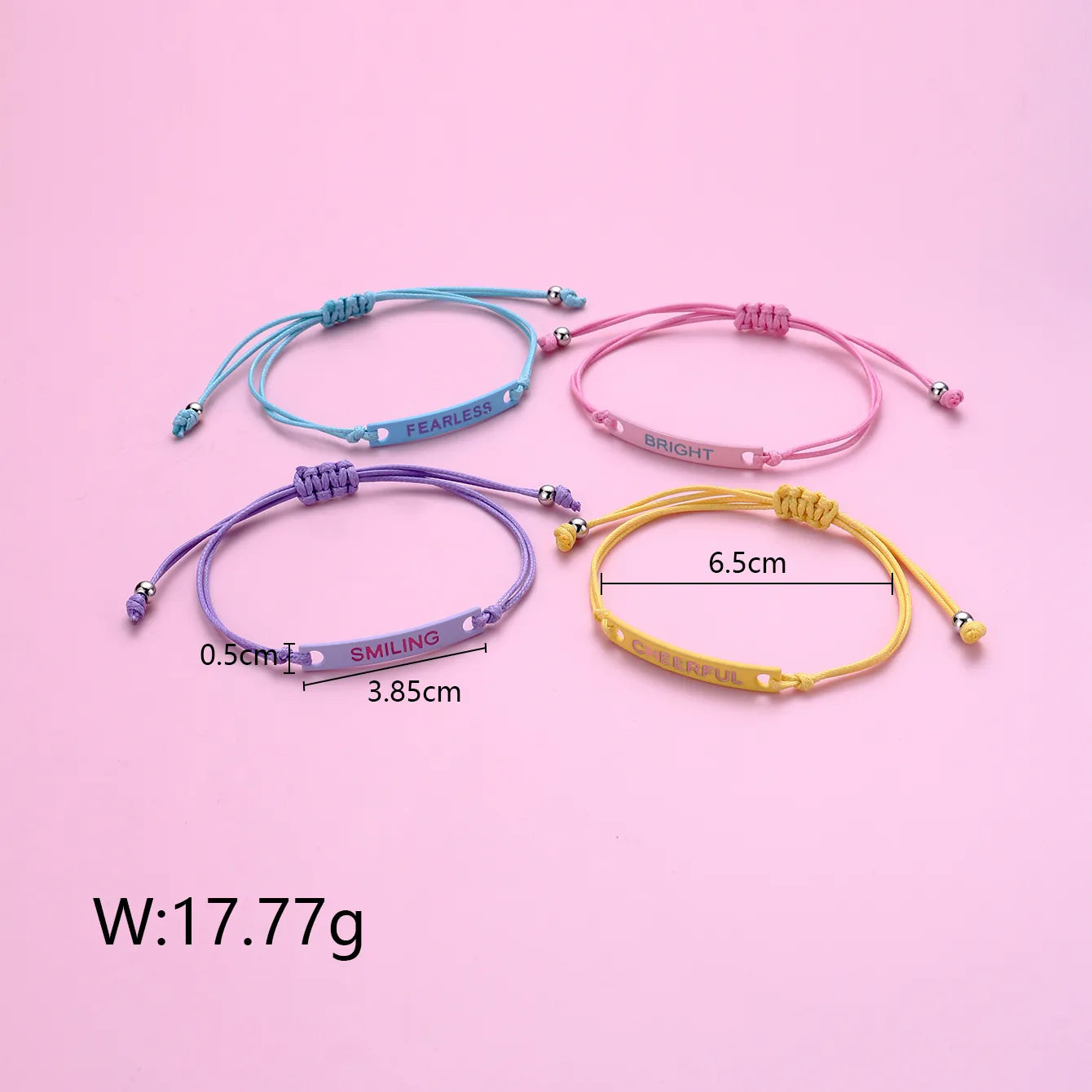 Lot de 4 Bracelets Cordon Réglable avec Carte - Bright Fearless Cheerful Smiling - Mignon - Couleurs Fluo