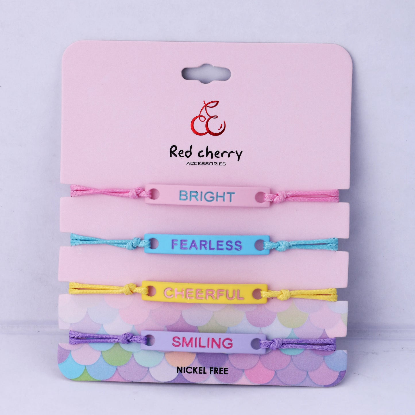 Lot de 4 Bracelets Cordon Réglable avec Carte - Bright Fearless Cheerful Smiling - Mignon - Couleurs Fluo