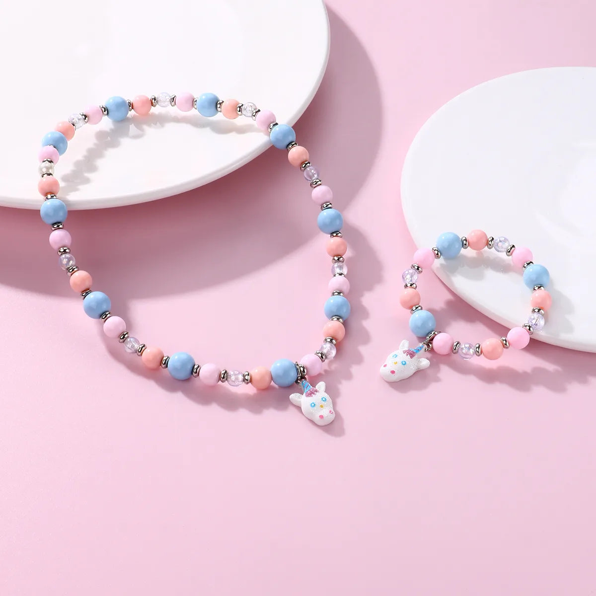 Parure 2 pièces avec Carte - Collier Bracelet - Licorne Couleurs Pastels - Multicouleurs - Mignon Argenté