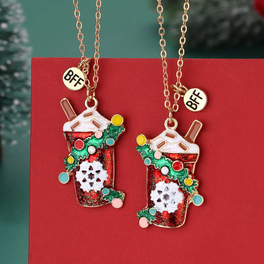 Lot de 2 Collier d'amitié - Mug Gobelet Boisson Chaude Hiver - BFF - Best Friends Forever - Pendentif Doré - Amitié - Nöel