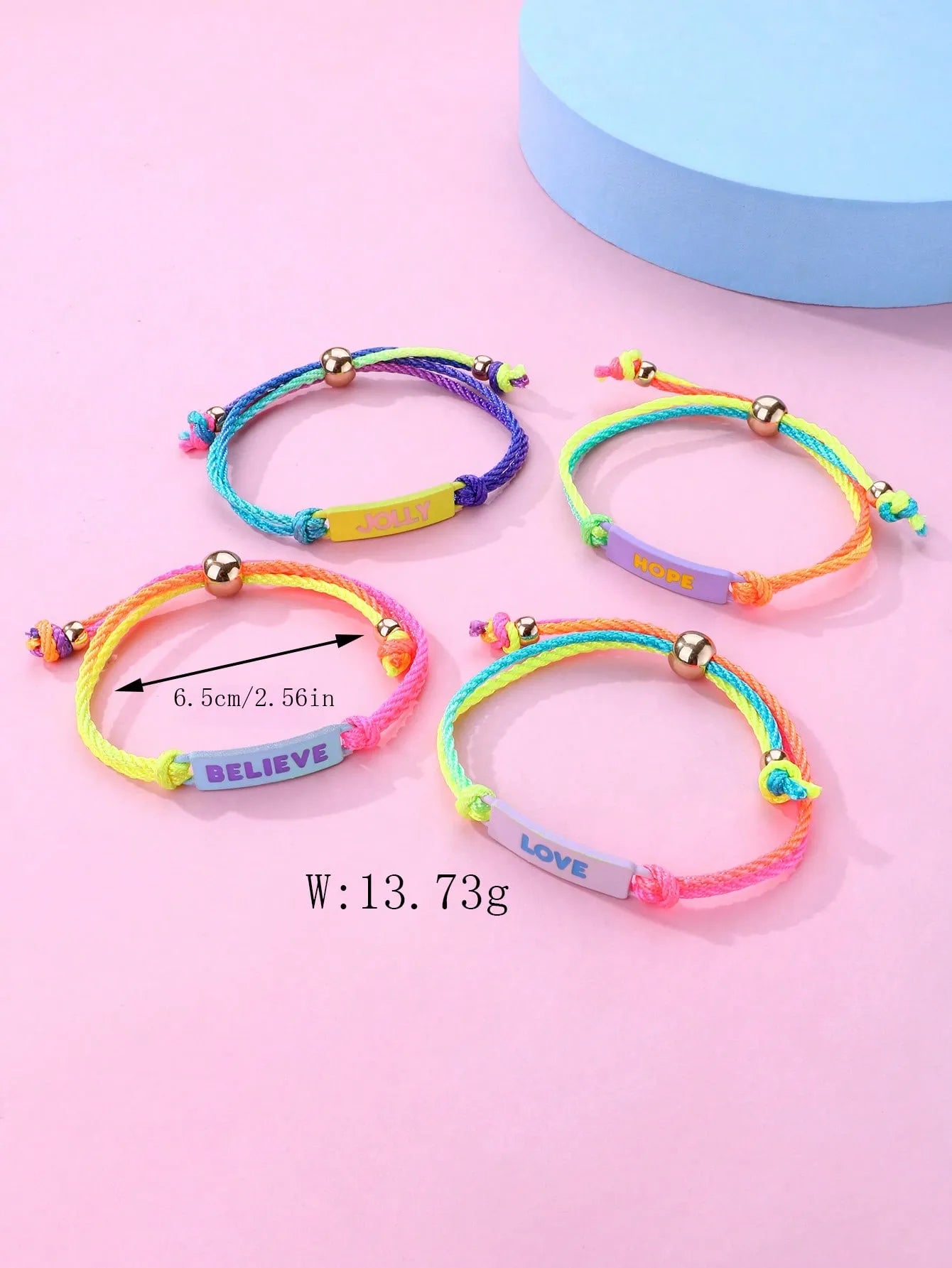 Lot de 4 Bracelets Cordon Réglable avec Carte - Love Hope Believe Jolly - Mignon - Couleurs Fluo