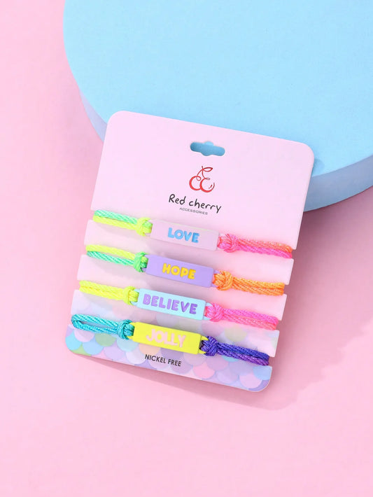 Lot de 4 Bracelets Cordon Réglable avec Carte - Love Hope Believe Jolly - Mignon - Couleurs Fluo