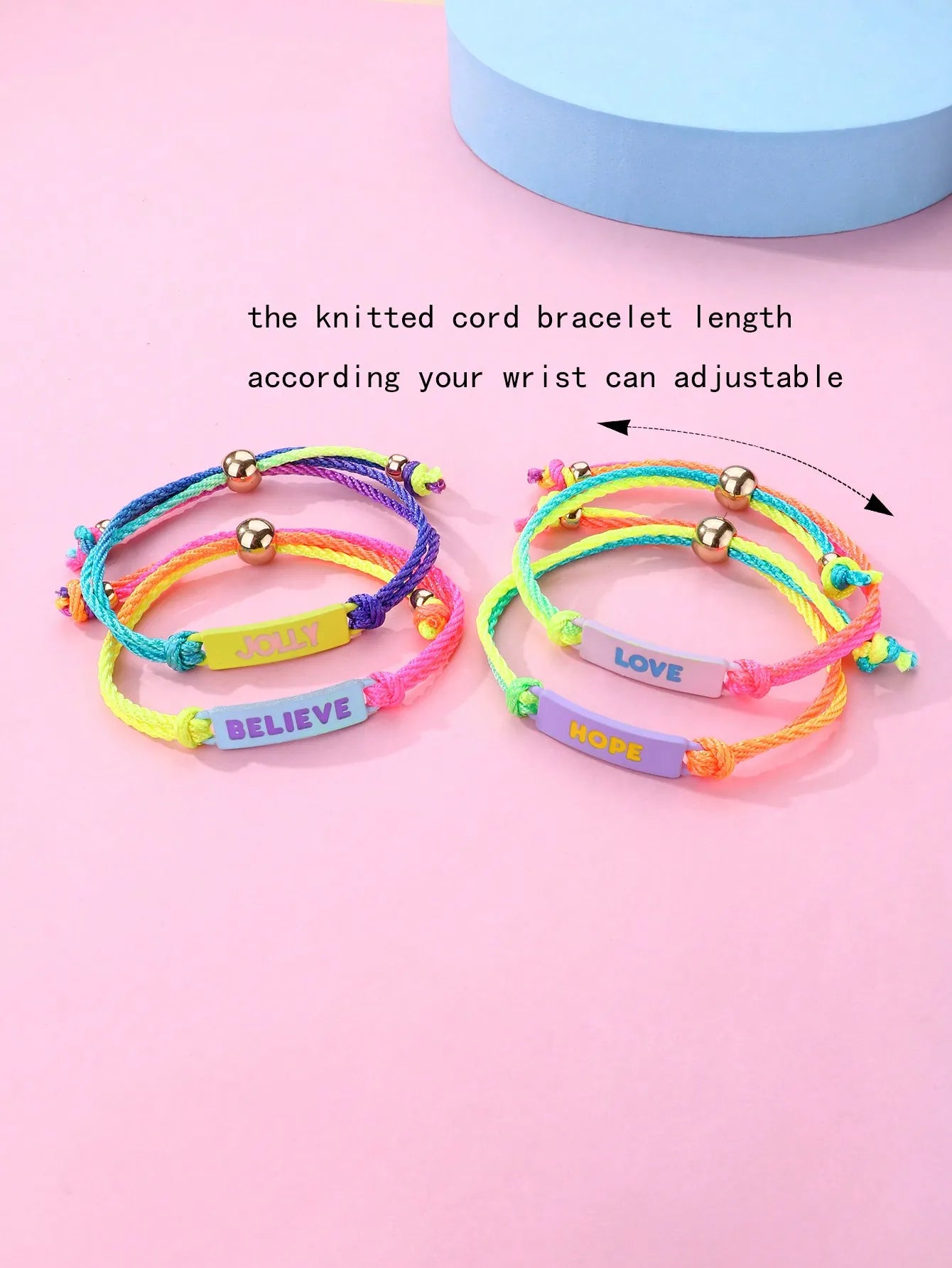 Lot de 4 Bracelets Cordon Réglable avec Carte - Love Hope Believe Jolly - Mignon - Couleurs Fluo
