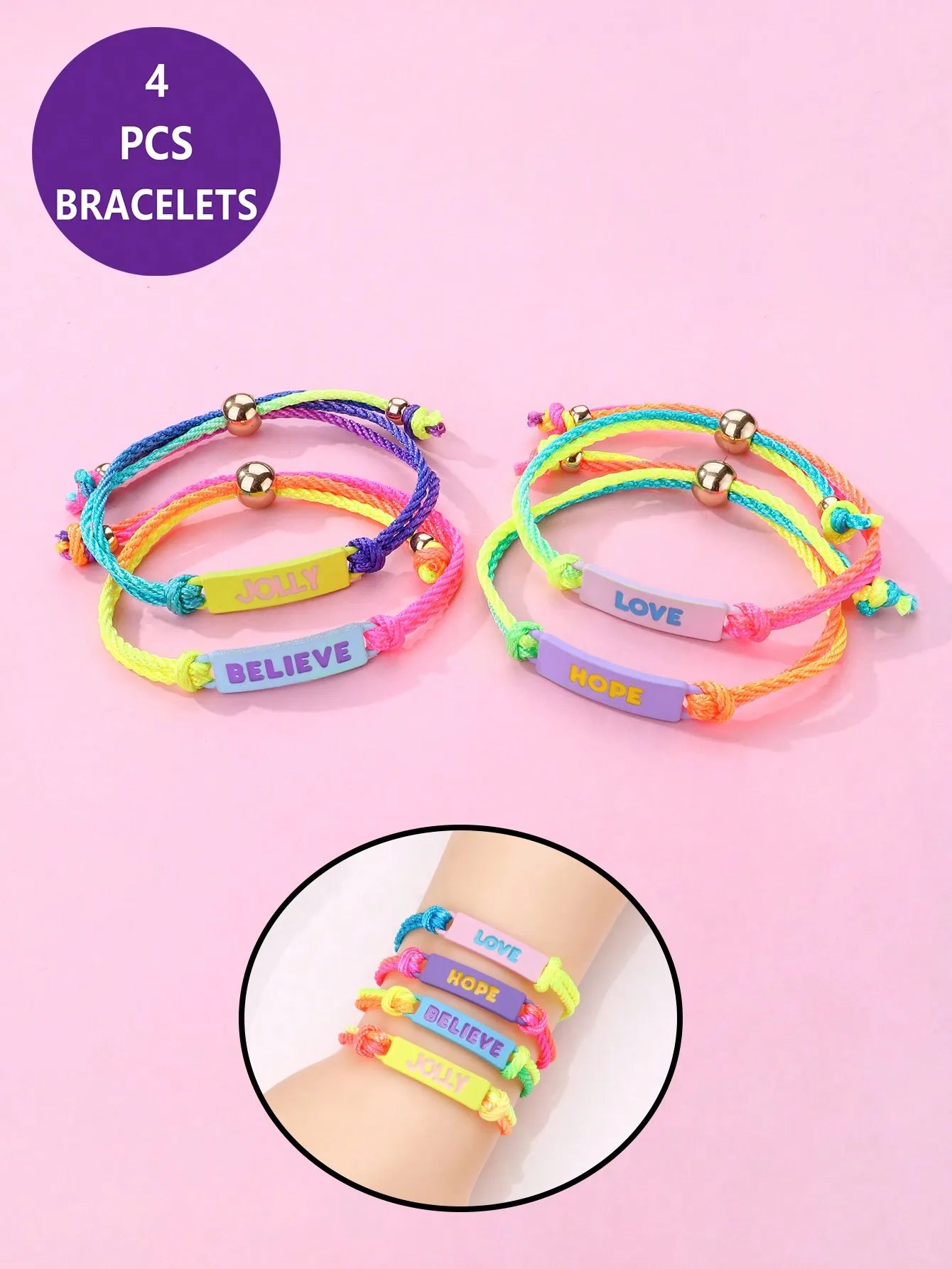 Lot de 4 Bracelets Cordon Réglable avec Carte - Love Hope Believe Jolly - Mignon - Couleurs Fluo
