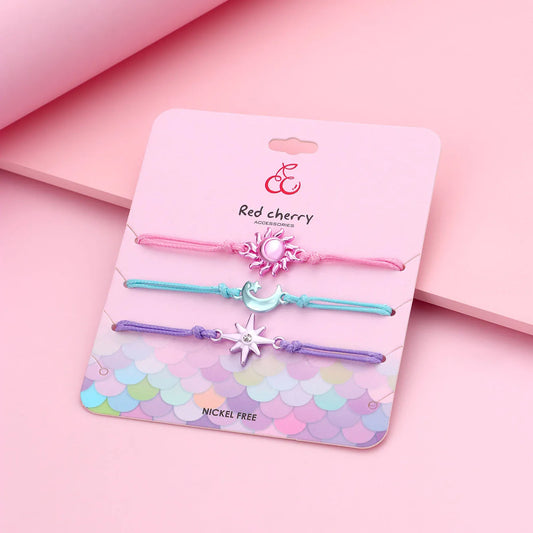 Lot de 3 Bracelets Cordon Réglable avec Carte - Soleil Lune Etoile - Couleurs Pastels - Mignon