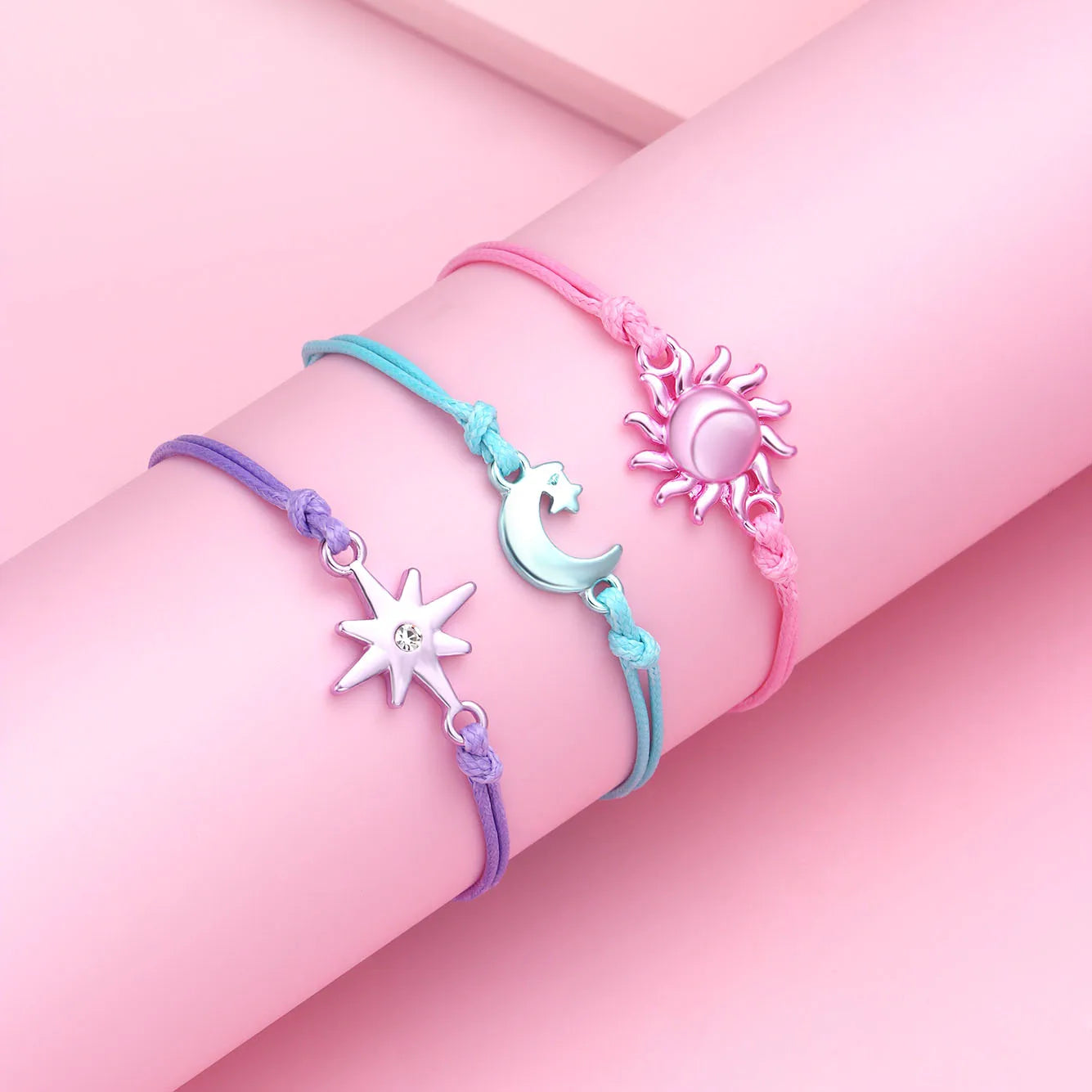 Lot de 3 Bracelets Cordon Réglable avec Carte - Soleil Lune Etoile - Couleurs Pastels - Mignon
