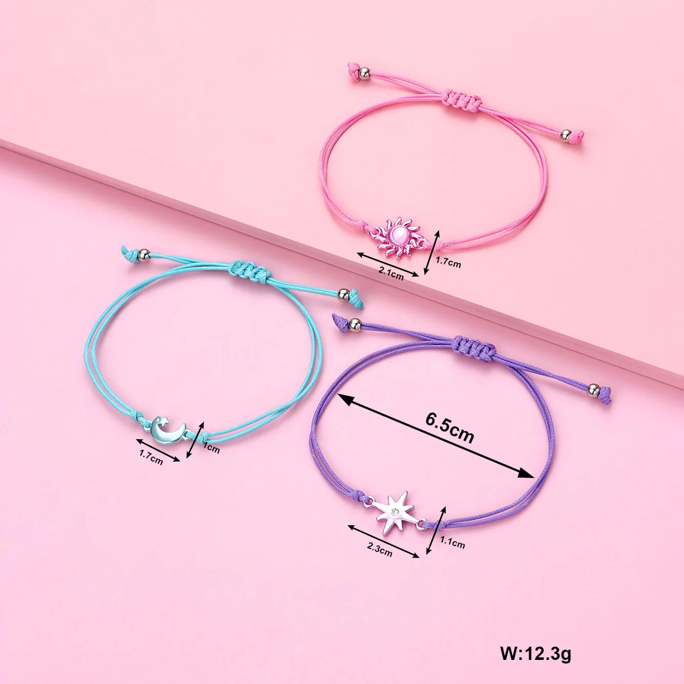 Lot de 3 Bracelets Cordon Réglable avec Carte - Soleil Lune Etoile - Couleurs Pastels - Mignon