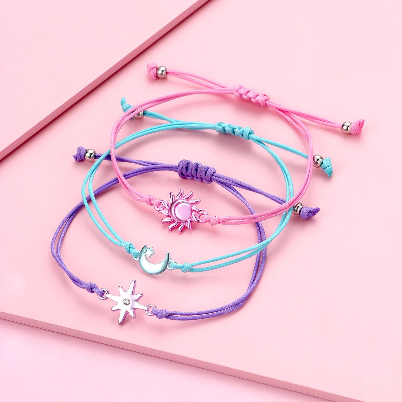 Lot de 3 Bracelets Cordon Réglable avec Carte - Soleil Lune Etoile - Couleurs Pastels - Mignon