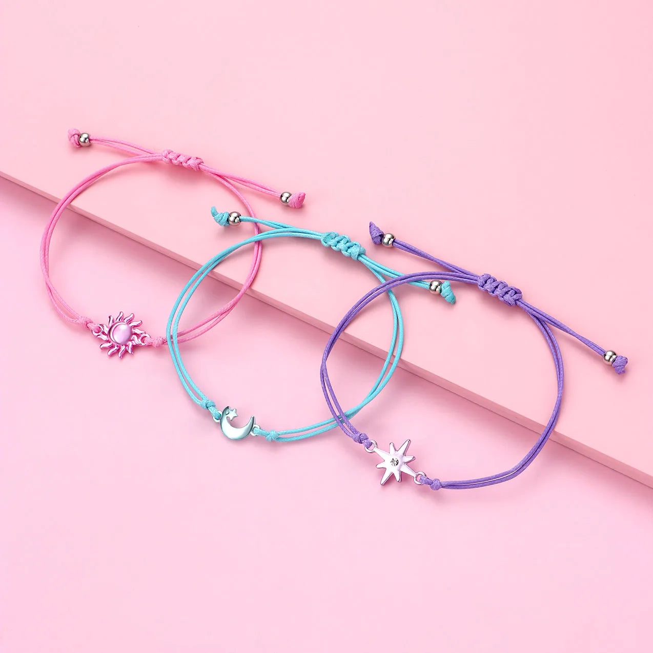 Lot de 3 Bracelets Cordon Réglable avec Carte - Soleil Lune Etoile - Couleurs Pastels - Mignon