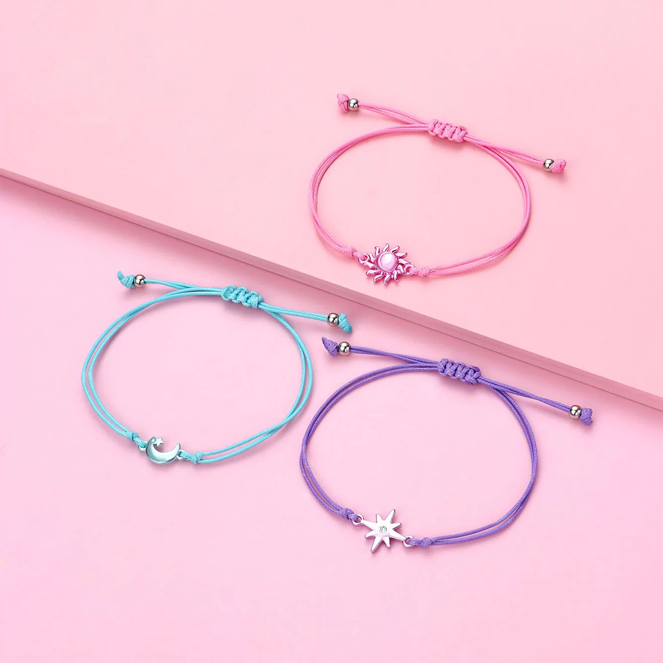 Lot de 3 Bracelets Cordon Réglable avec Carte - Soleil Lune Etoile - Couleurs Pastels - Mignon