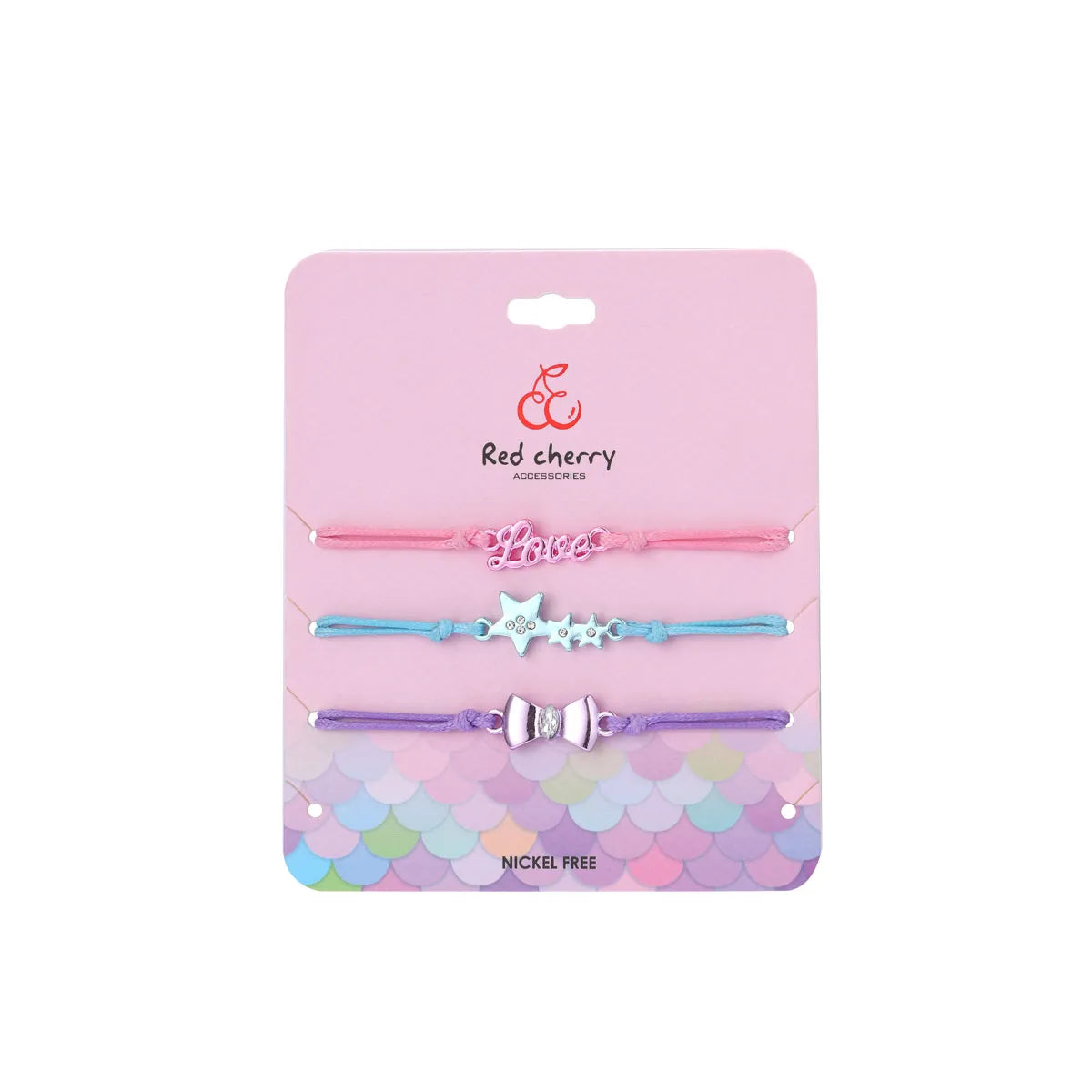 CHILD - Set of 3 Adjustable Cord Bracelets - Pastel Colors Rainbow Heart Flower - Sweet Cute Pendant
