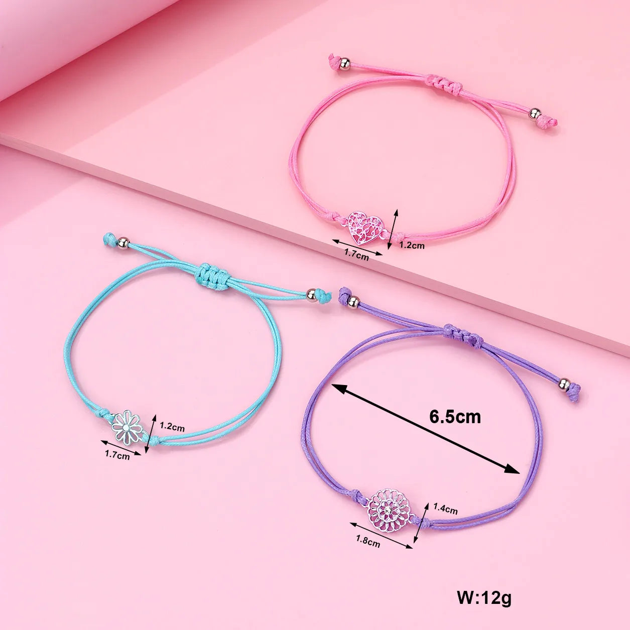 CHILD - Set of 3 Adjustable Cord Bracelets - Pastel Colors Rainbow Heart Flower - Sweet Cute Pendant