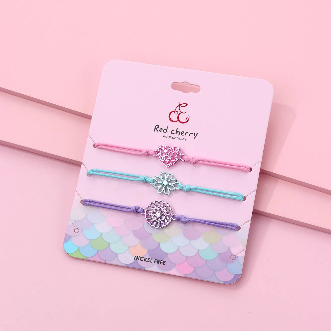 CHILD - Set of 3 Adjustable Cord Bracelets - Pastel Colors Rainbow Heart Flower - Sweet Cute Pendant