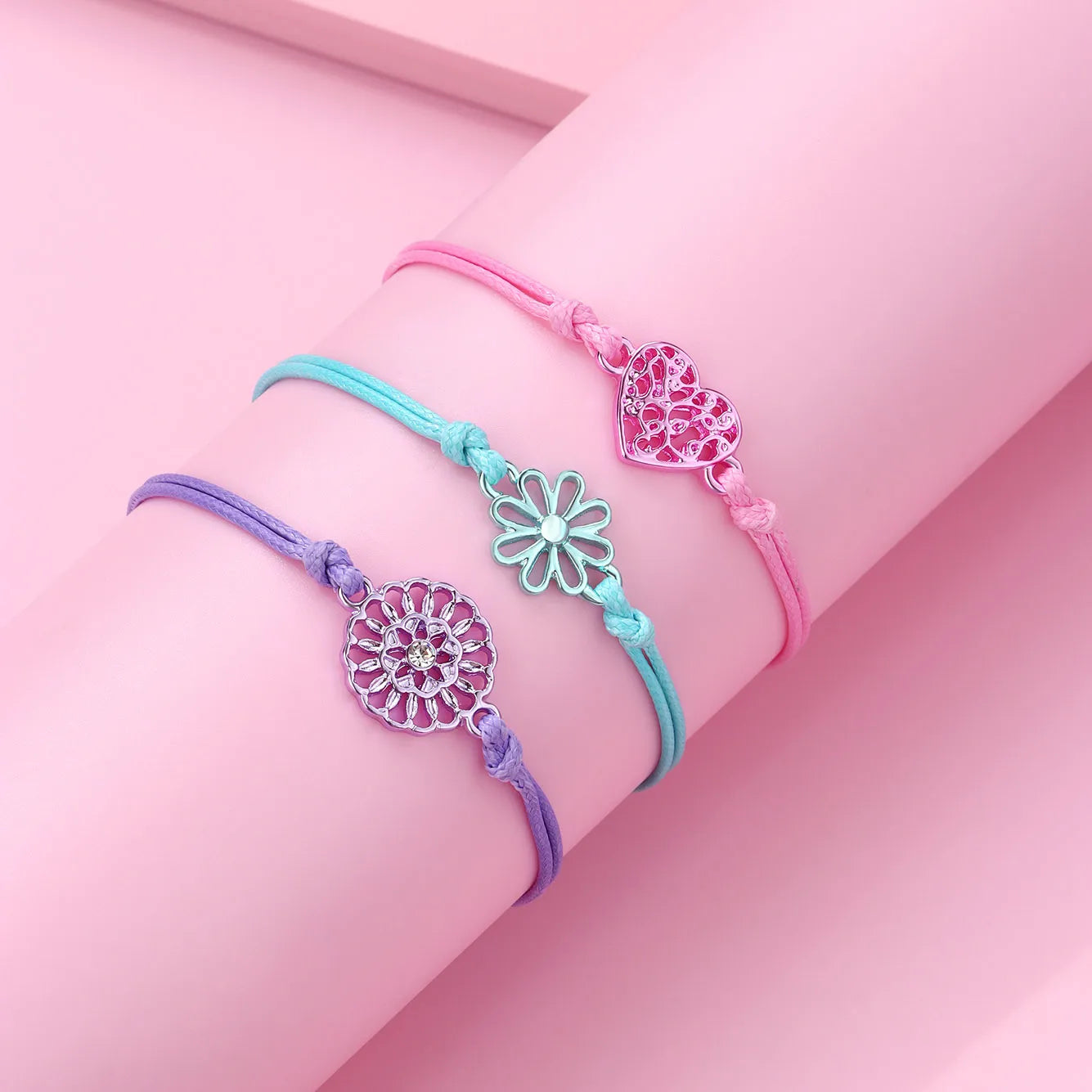 CHILD - Set of 3 Adjustable Cord Bracelets - Pastel Colors Rainbow Heart Flower - Sweet Cute Pendant