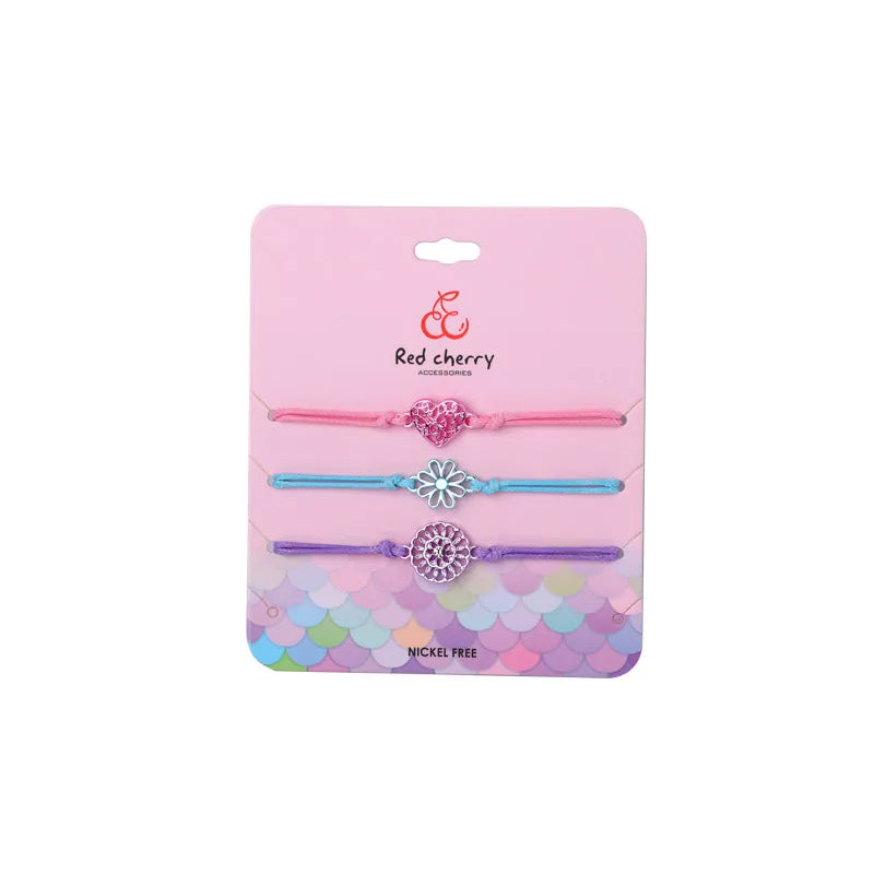 CHILD - Set of 3 Adjustable Cord Bracelets - Pastel Colors Rainbow Heart Flower - Sweet Cute Pendant