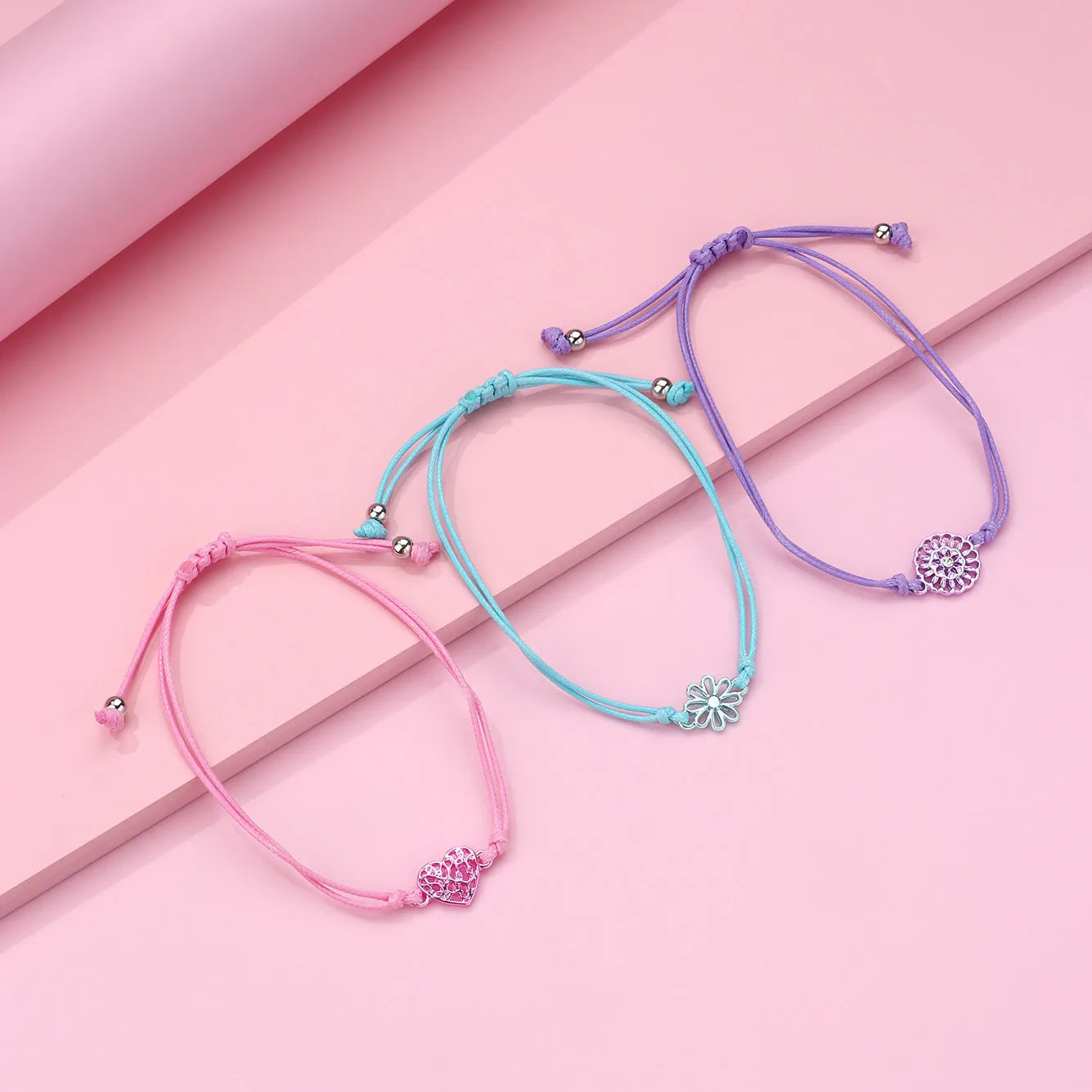 CHILD - Set of 3 Adjustable Cord Bracelets - Pastel Colors Rainbow Heart Flower - Sweet Cute Pendant