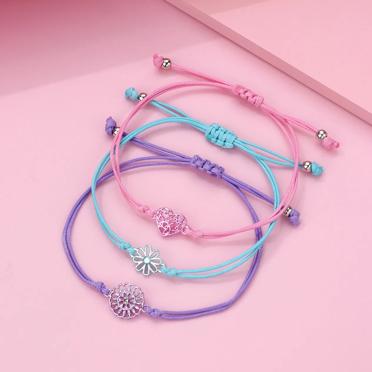 CHILD - Set of 3 Adjustable Cord Bracelets - Pastel Colors Rainbow Heart Flower - Sweet Cute Pendant