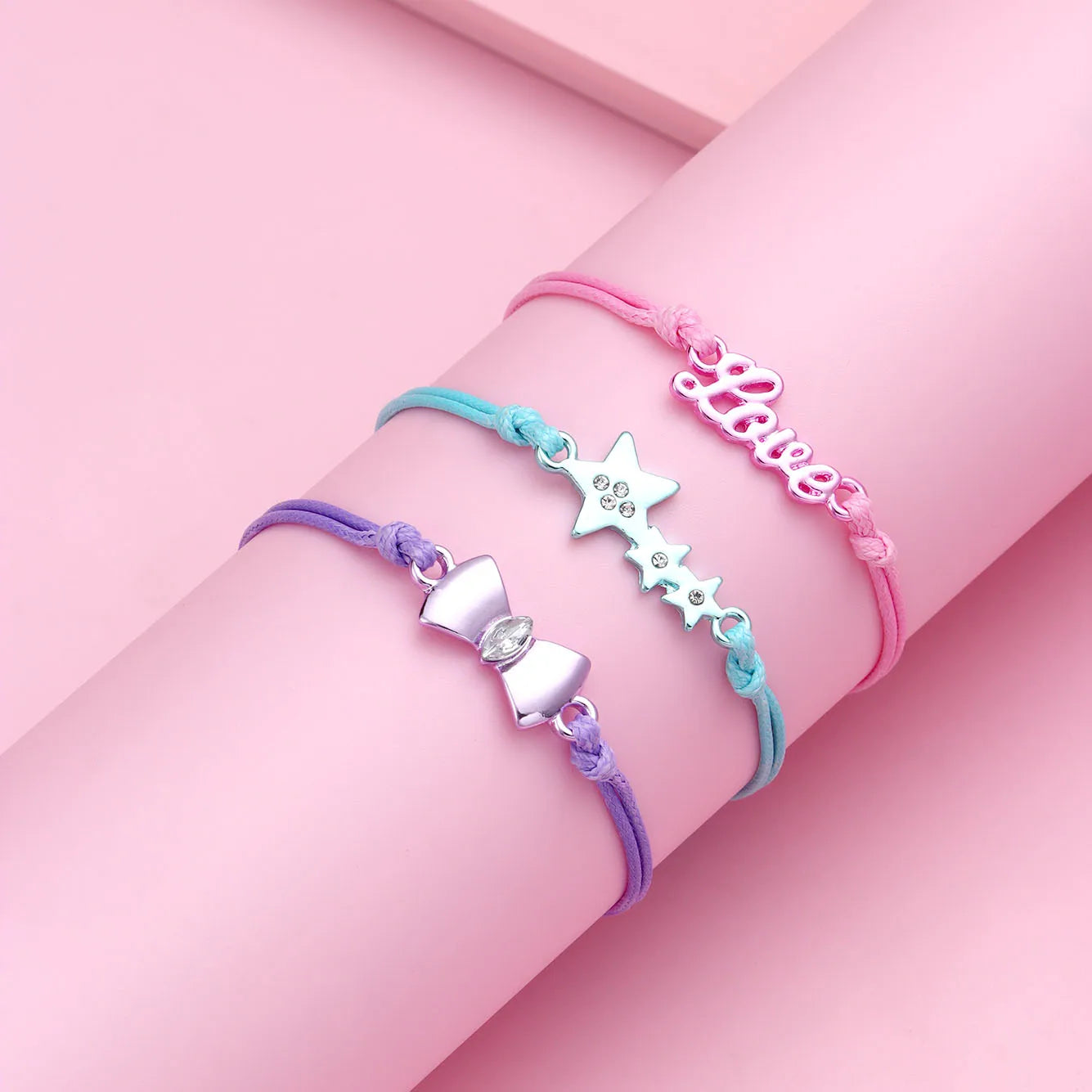 CHILD - Set of 3 Adjustable Cord Bracelets - Pastel Colors Rainbow Heart Flower - Sweet Cute Pendant