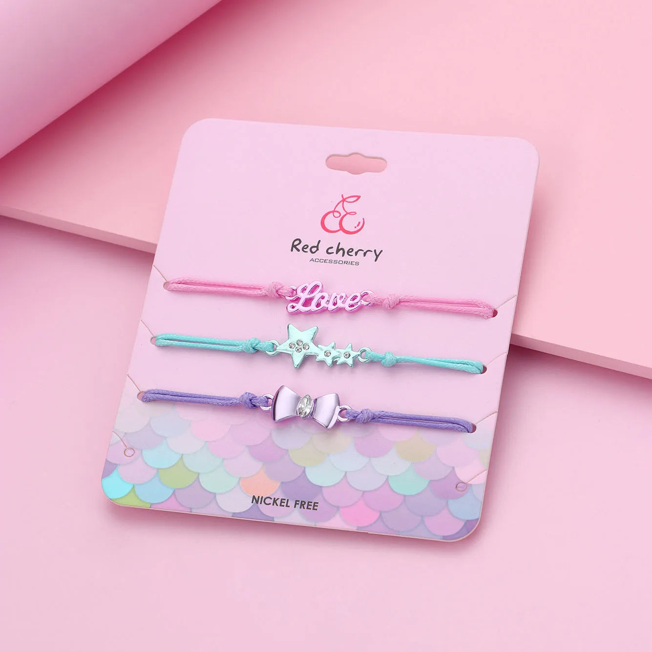 CHILD - Set of 3 Adjustable Cord Bracelets - Pastel Colors Rainbow Heart Flower - Sweet Cute Pendant