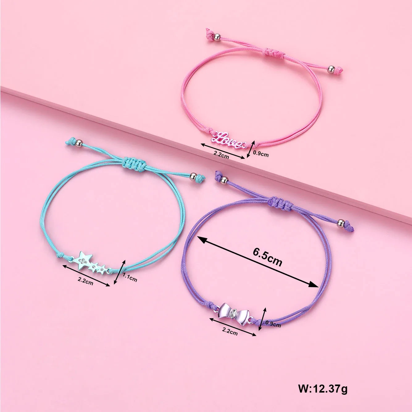 CHILD - Set of 3 Adjustable Cord Bracelets - Pastel Colors Rainbow Heart Flower - Sweet Cute Pendant