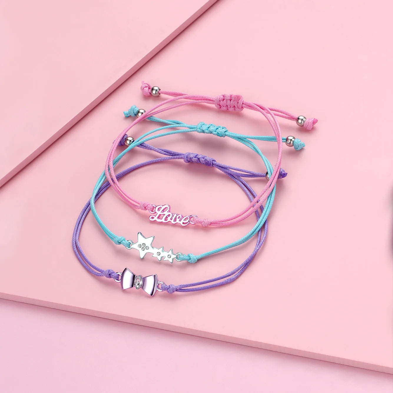 CHILD - Set of 3 Adjustable Cord Bracelets - Pastel Colors Rainbow Heart Flower - Sweet Cute Pendant