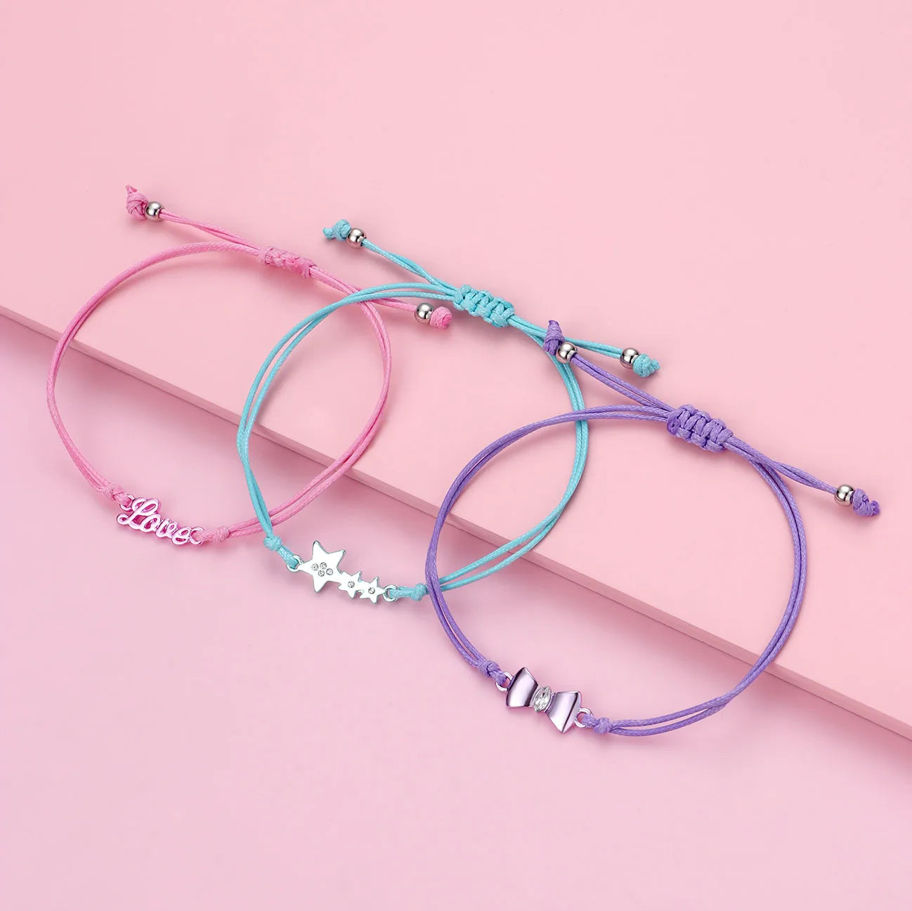 CHILD - Set of 3 Adjustable Cord Bracelets - Pastel Colors Rainbow Heart Flower - Sweet Cute Pendant