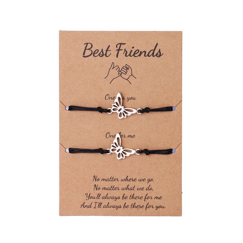 Set of 2 Adjustable Butterfly Friendship Cord Bracelets - BFF Best Friends Forever - Fancy - Stainless Steel