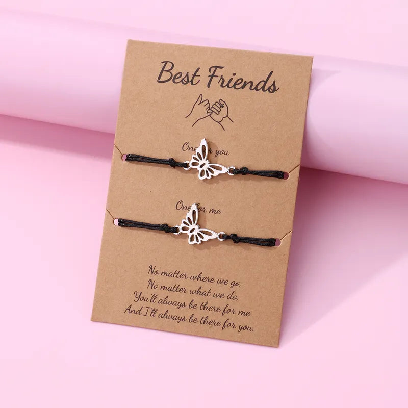 Set of 2 Adjustable Butterfly Friendship Cord Bracelets - BFF Best Friends Forever - Fancy - Stainless Steel