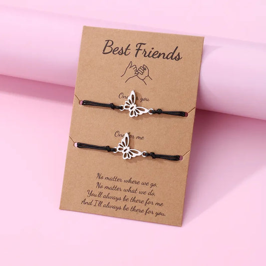 Lot de 2 Bracelets D'amitié Cordon Réglable avec Carte - Papillon - BFF - Best Friends Forever - Acier Inoxydable