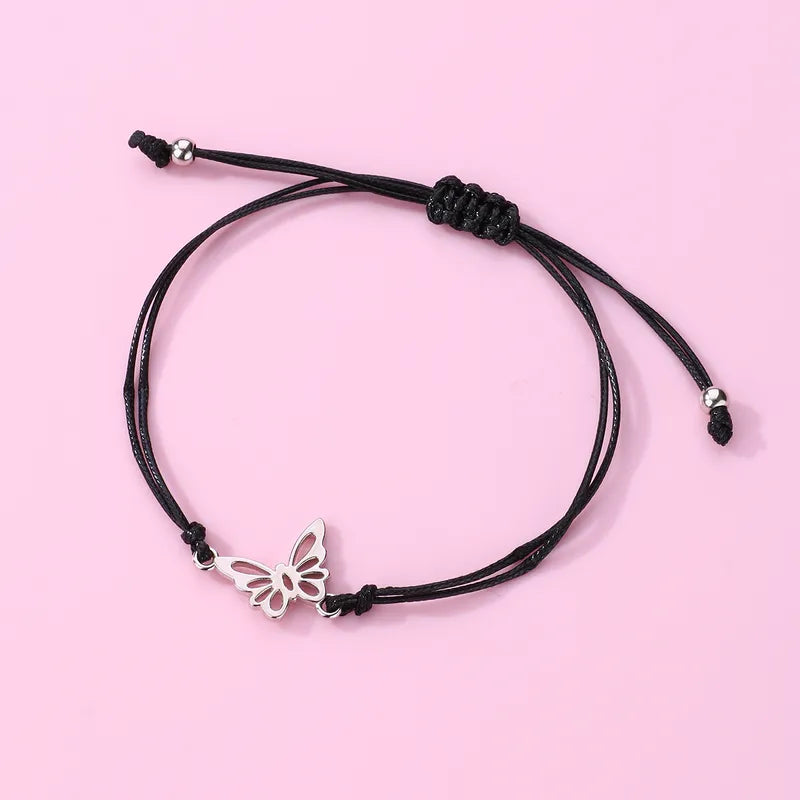 Set of 2 Adjustable Butterfly Friendship Cord Bracelets - BFF Best Friends Forever - Fancy - Stainless Steel