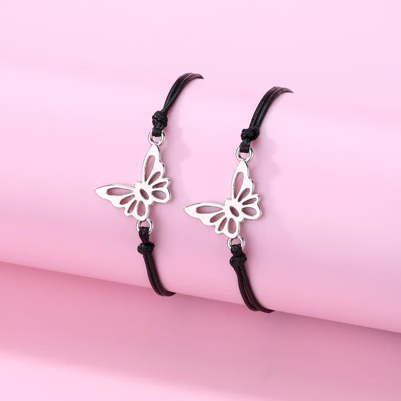Set of 2 Adjustable Butterfly Friendship Cord Bracelets - BFF Best Friends Forever - Fancy - Stainless Steel