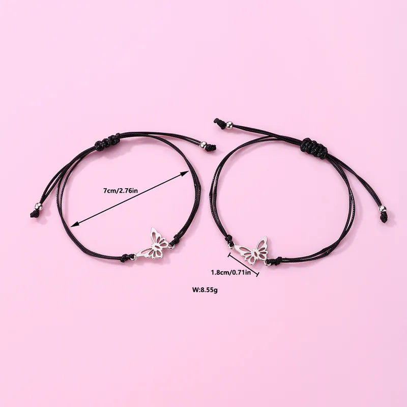 Set of 2 Adjustable Butterfly Friendship Cord Bracelets - BFF Best Friends Forever - Fancy - Stainless Steel