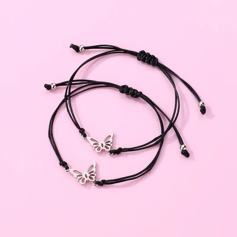 Set of 2 Adjustable Butterfly Friendship Cord Bracelets - BFF Best Friends Forever - Fancy - Stainless Steel